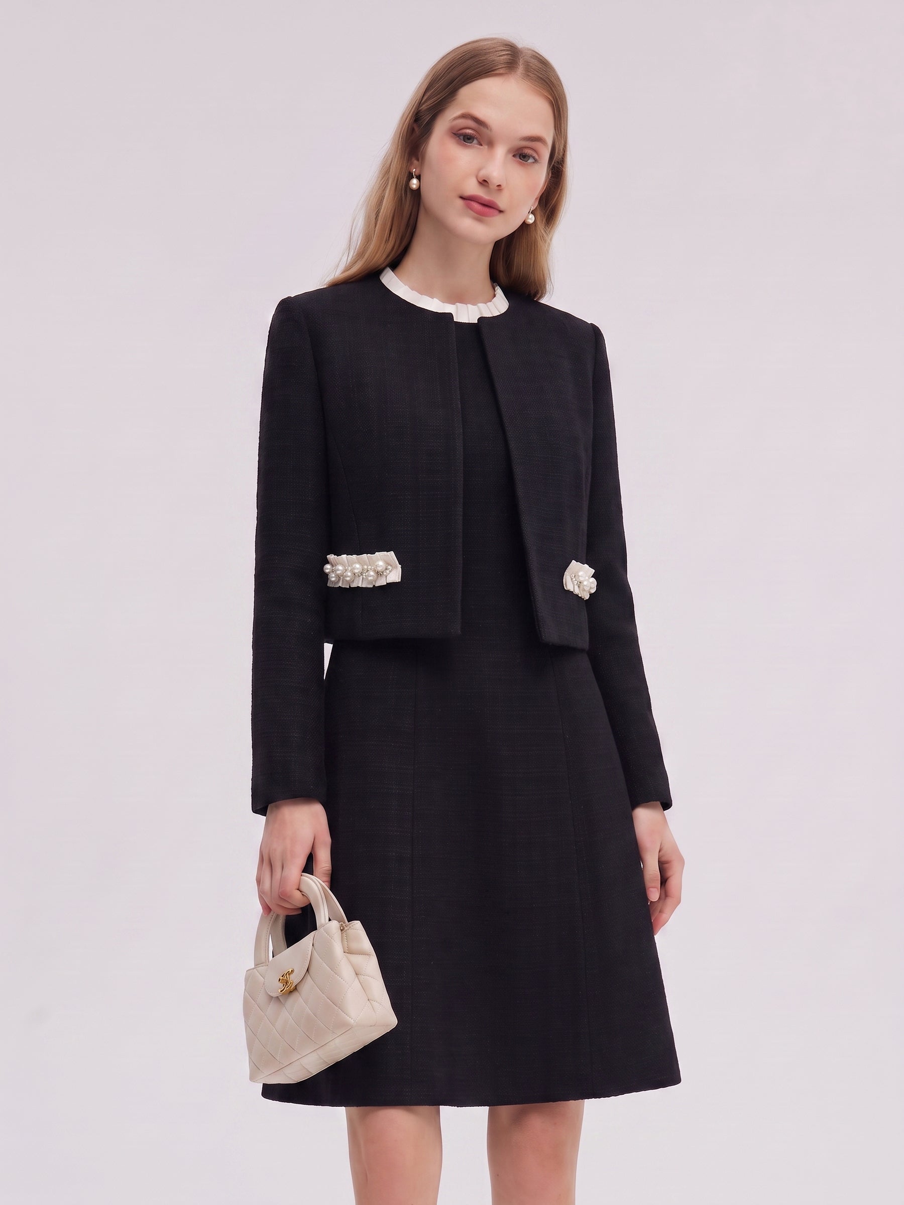 Cotton Blend Cropped Jacket And Ruffle Sleeveless Mini Dress Two-Piece Set GOELIA