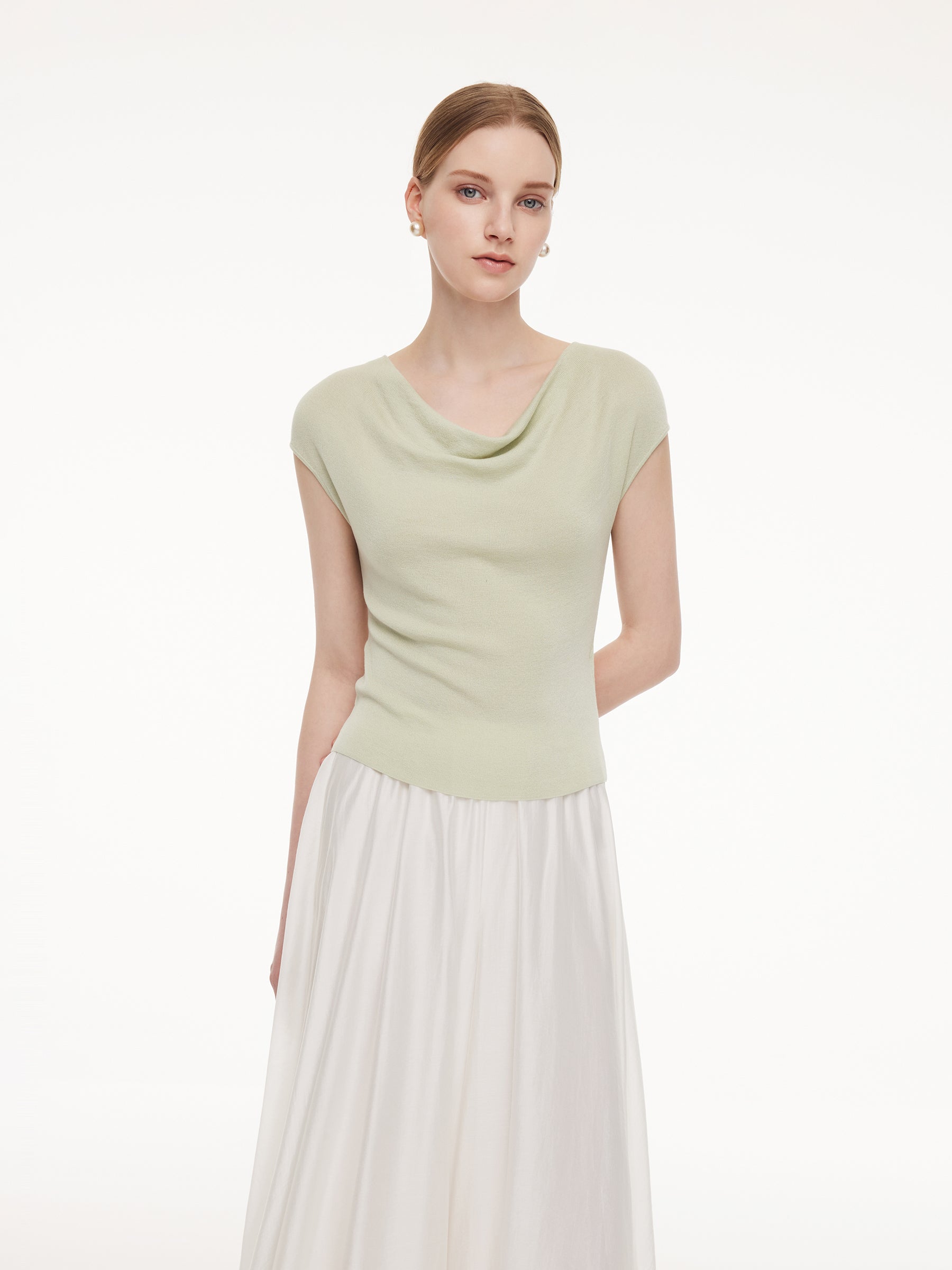 Tencel Mulberry Silk Cowl Neck Women Cap Sleeve Knit Top GOELIA