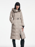 [Preview] Longline Subtle Plaid Belted Goose Down Hooded Overcoat GOELIA