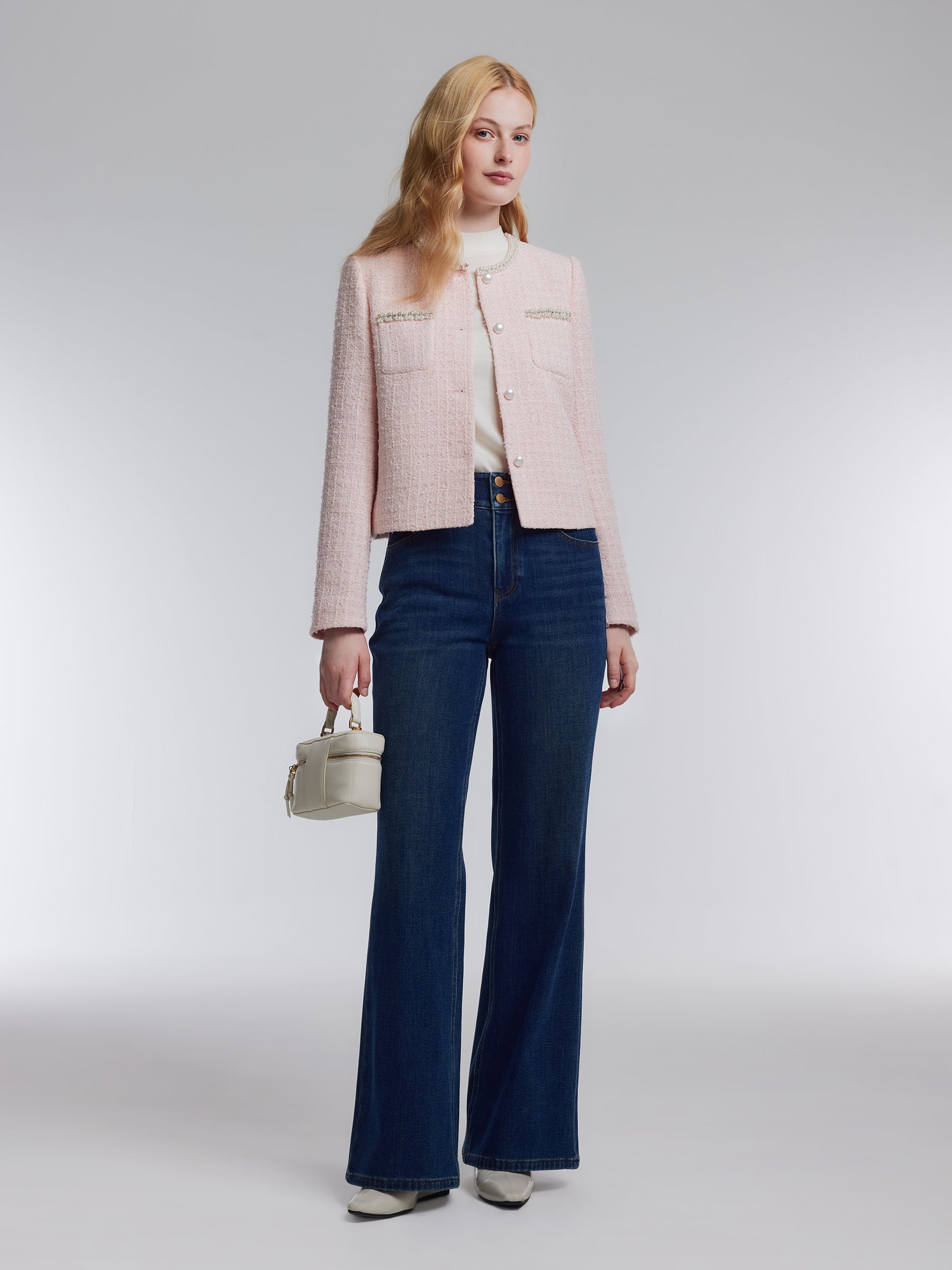 [Preview] Tweed Beaded Neck Women Cropped Jacket GOELIA