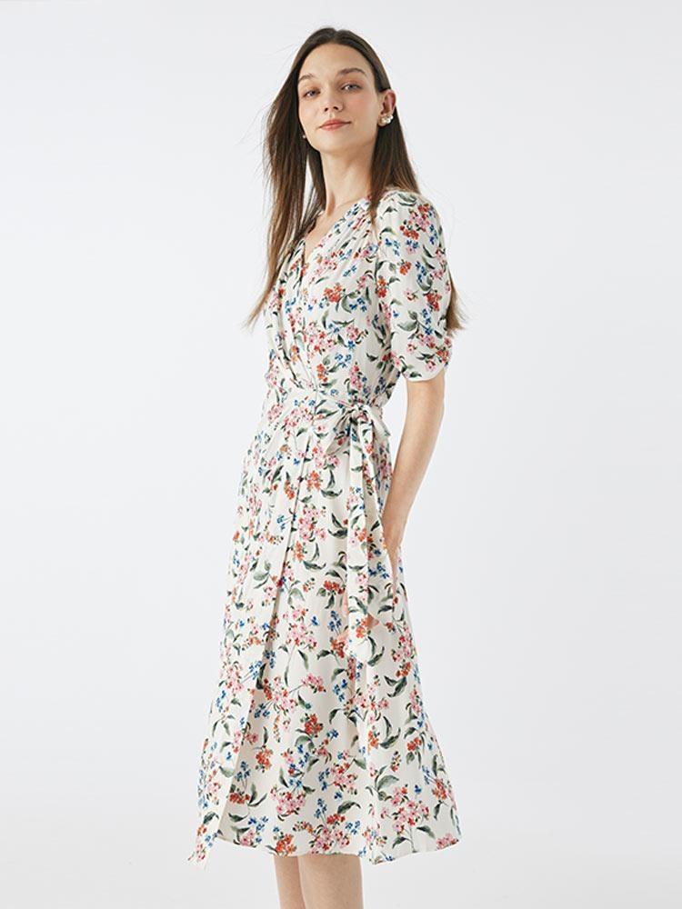 GOELIA】シルクVネックラップレースアップセミロングワンピース  