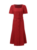 Jacquard Square Neck Single-Breasted Women Midi Dress With Belt GOELIA