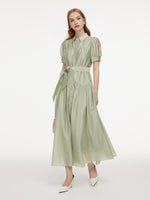 Tencel Blend Puff Sleeve Women Belted Maxi Shirt Dress GOELIA