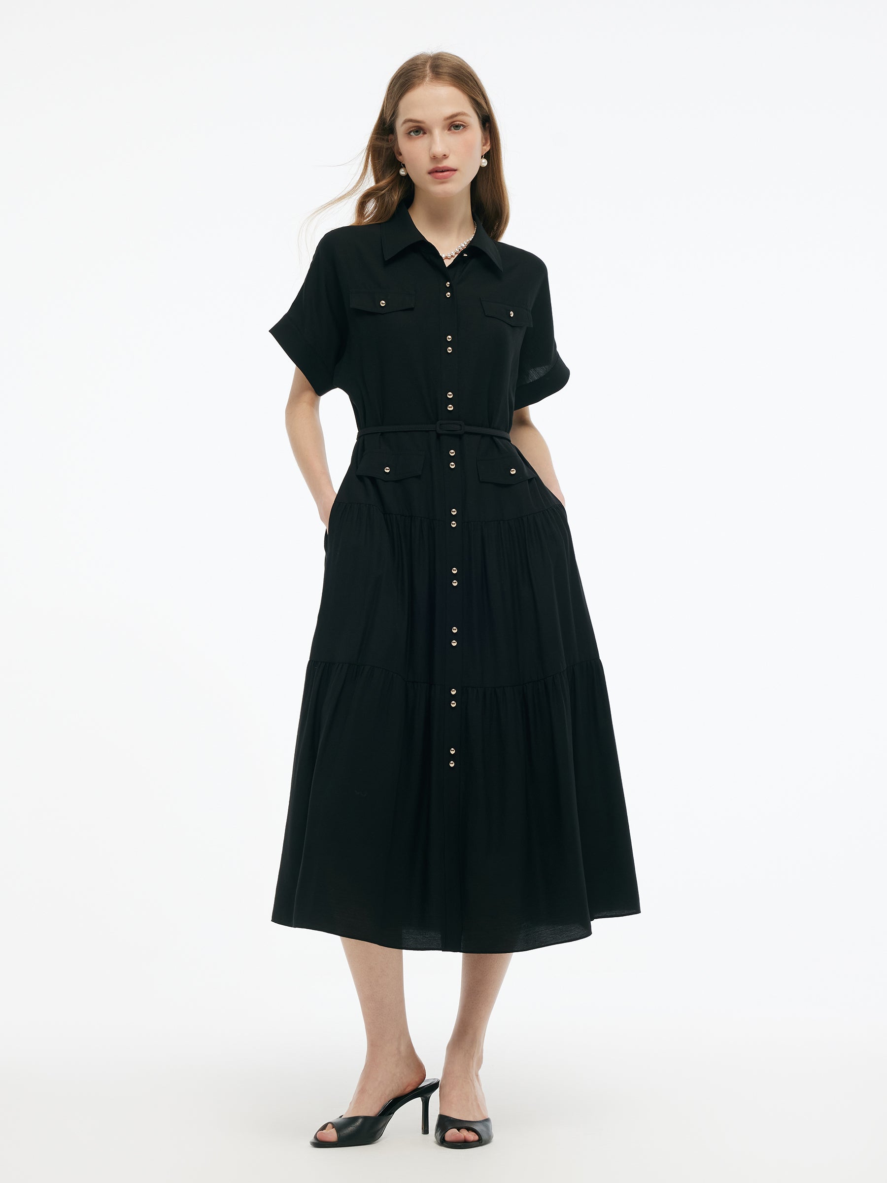 Acetate Blend A-Line Women Maxi Shirt Dress With Belt GOELIA