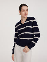 100% Wool Stripe Women Polo Sweater GOELIA
