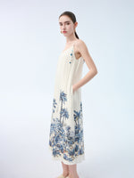 Tencel Linen Blend Floral Print Women Strap Maxi Dress GOELIA