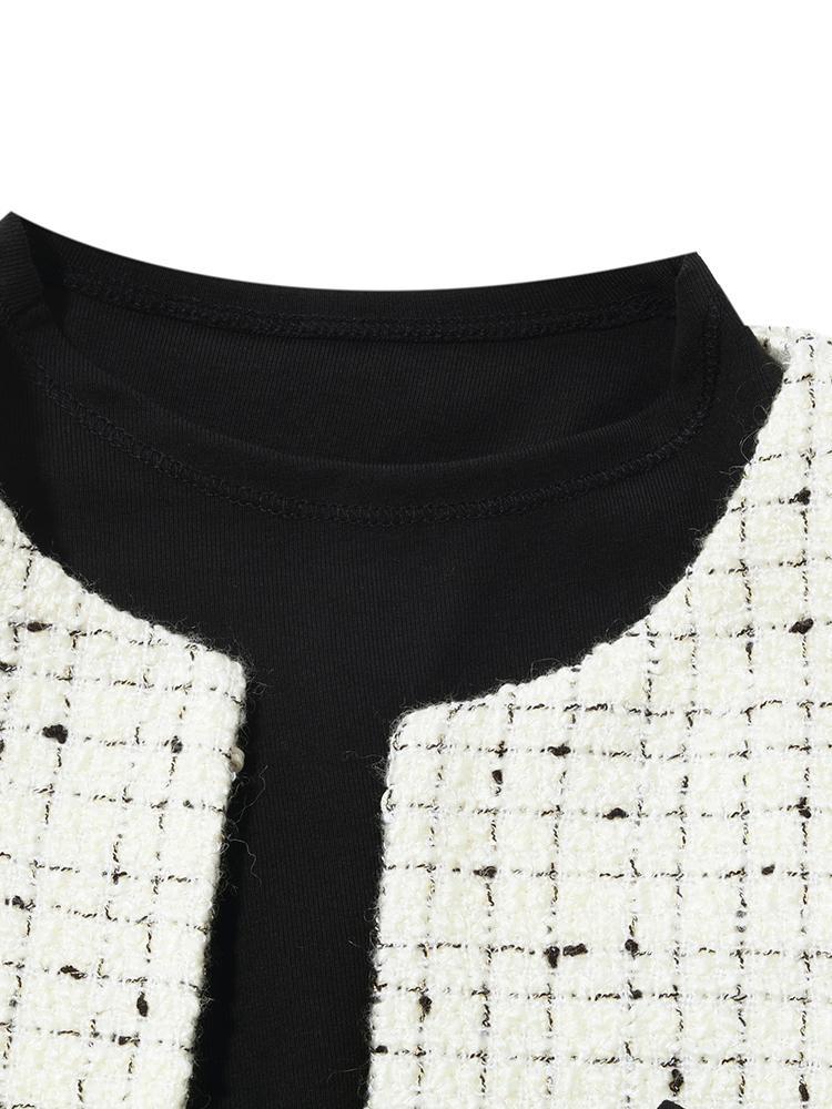 Monet Autumn Milky White Woolen Princess Tweed Dress & Jacket Two Piece Set