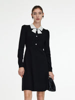 Pre-Order Tencel Wool Blend Color Block Collar Women Knit Mini Dress GOELIA