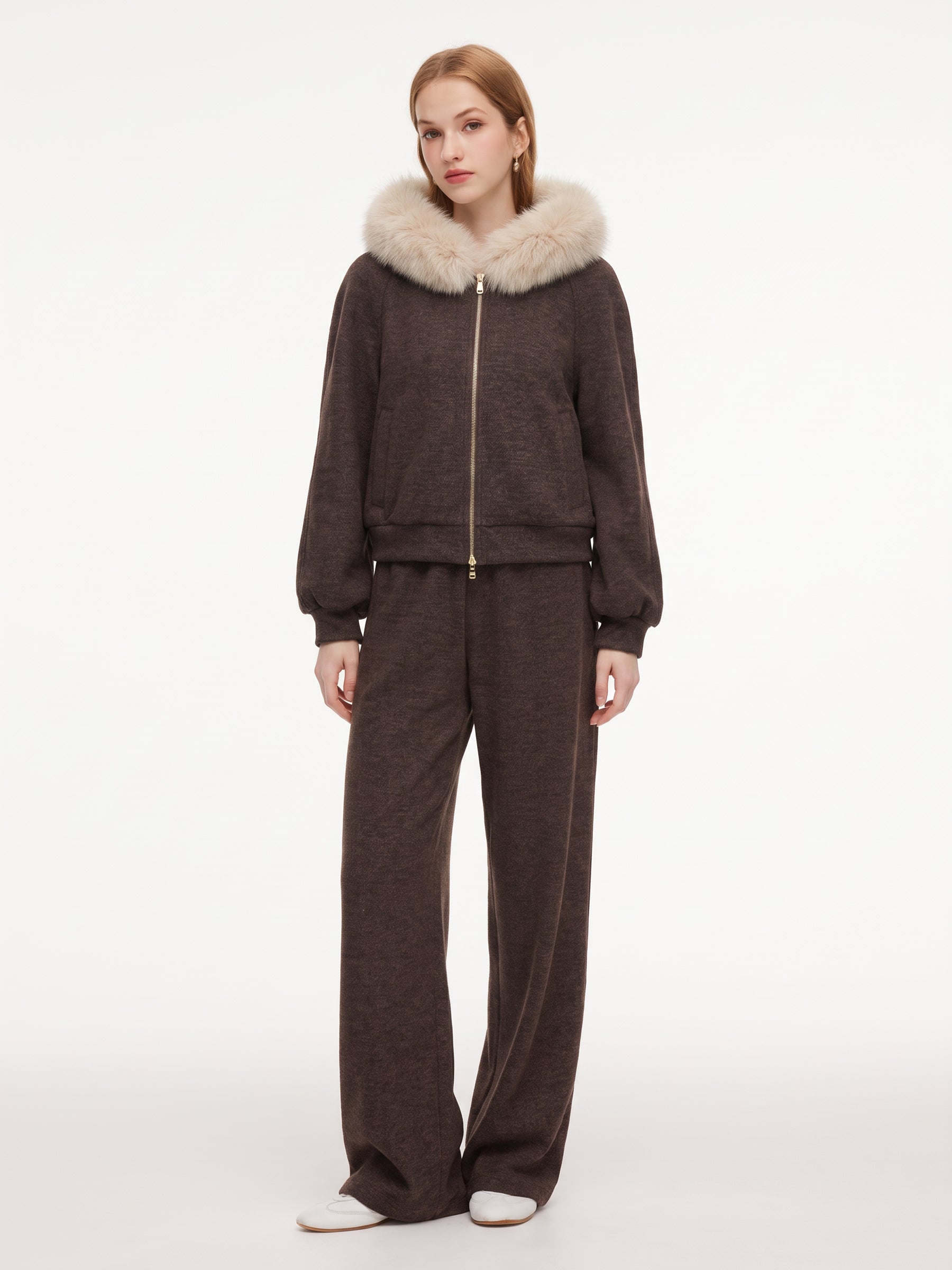 Zip-Up Jacket And Pants Two-Piece Set With Detachable Faux Fur Collar GOELIA