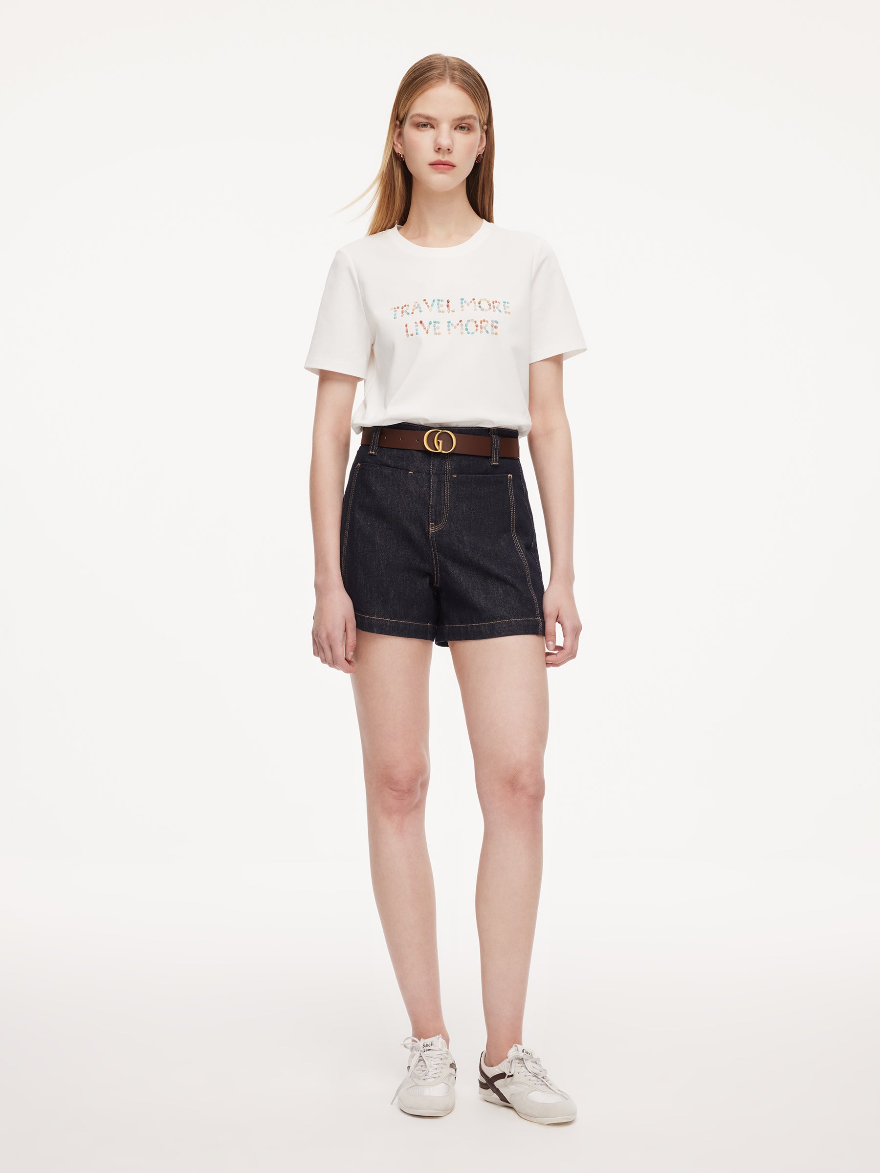 100% Cotton Denim Slimming Seamed Women Shorts With Belt GOELIA