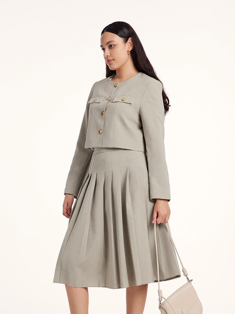 College Style Short Jacket And Pleated Long Skirt Two-Piece Set GOELIA