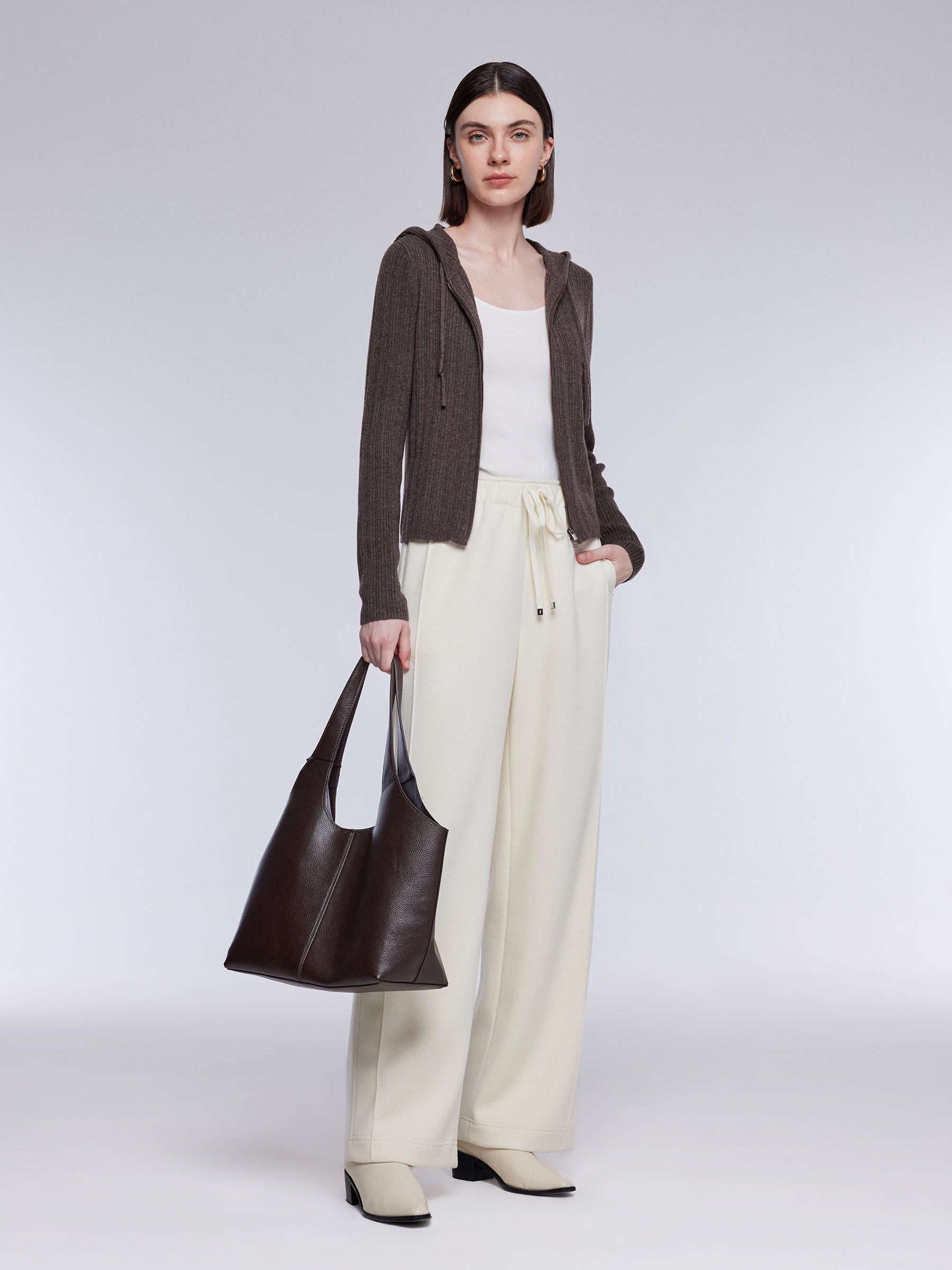 100% Wool Two-Way Zip Women Hooded Cardigan GOELIA
