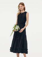 Tencel Ruffle Hem Women Tiered Vest Midi Dress With Slip Dress And Belt GOELIA