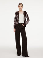 100% Wool Brown Stripe Women Hooded Zip-Up Cardigan GOELIA
