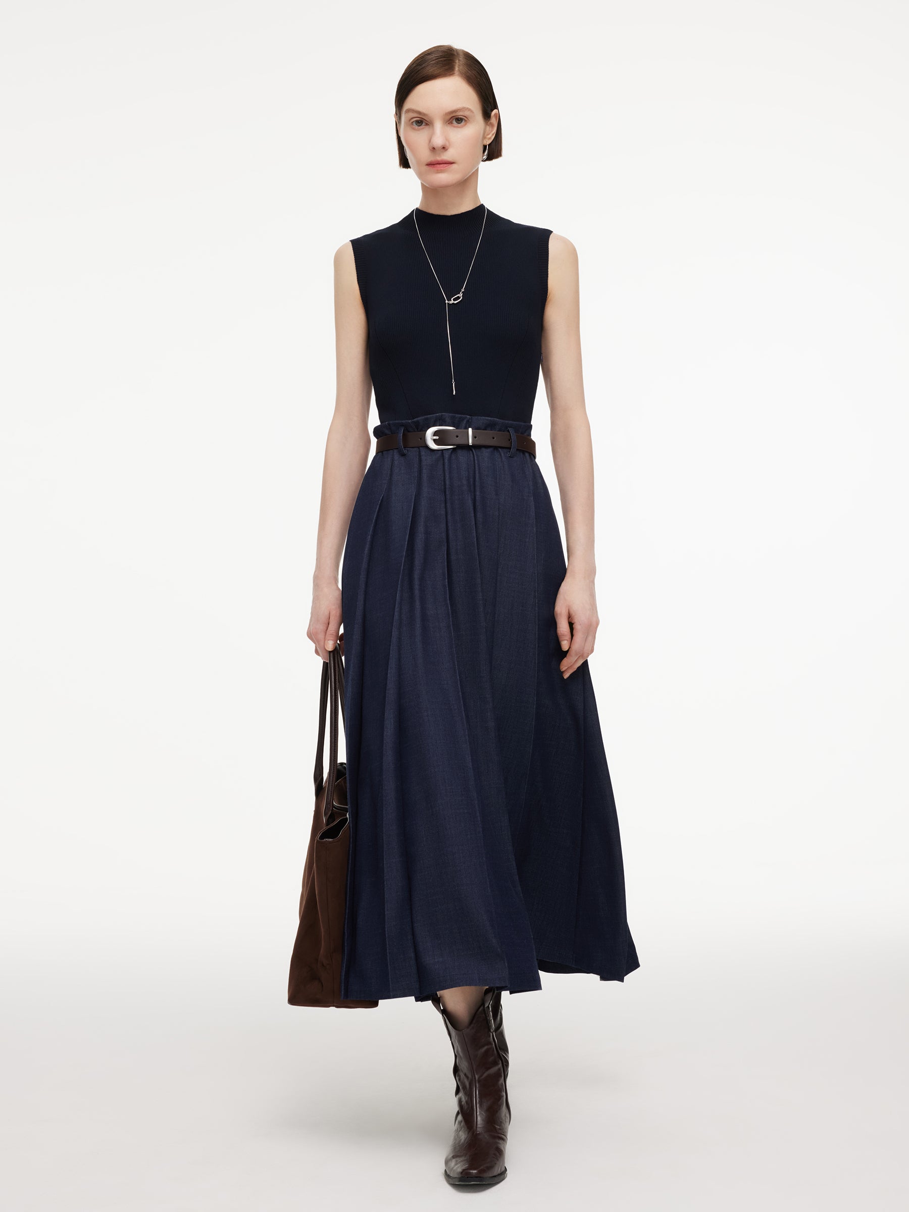 Lyocell Blend Patchwork Women Sleeveless Maxi Dress With Belt GOELIA