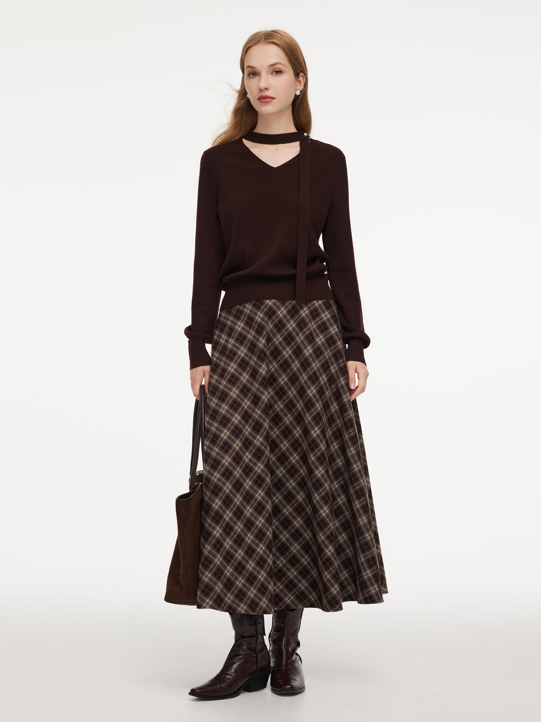 V-Neck Knit Top And Plaid Skirt Two-Piece Set With Ribbon GOELIA