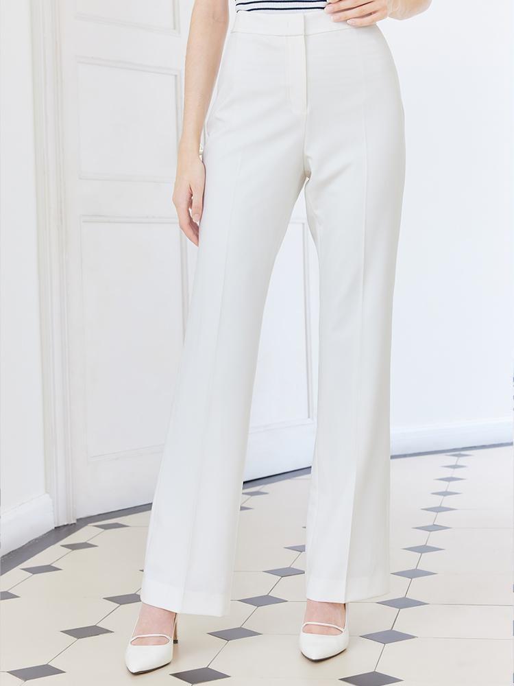 White Adjustable Waist Full Length Pants GOELIA