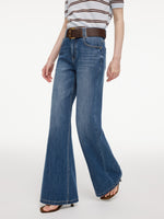 Lyocell Blend Denim Women Flared Palazzo Jeans With Belt GOELIA