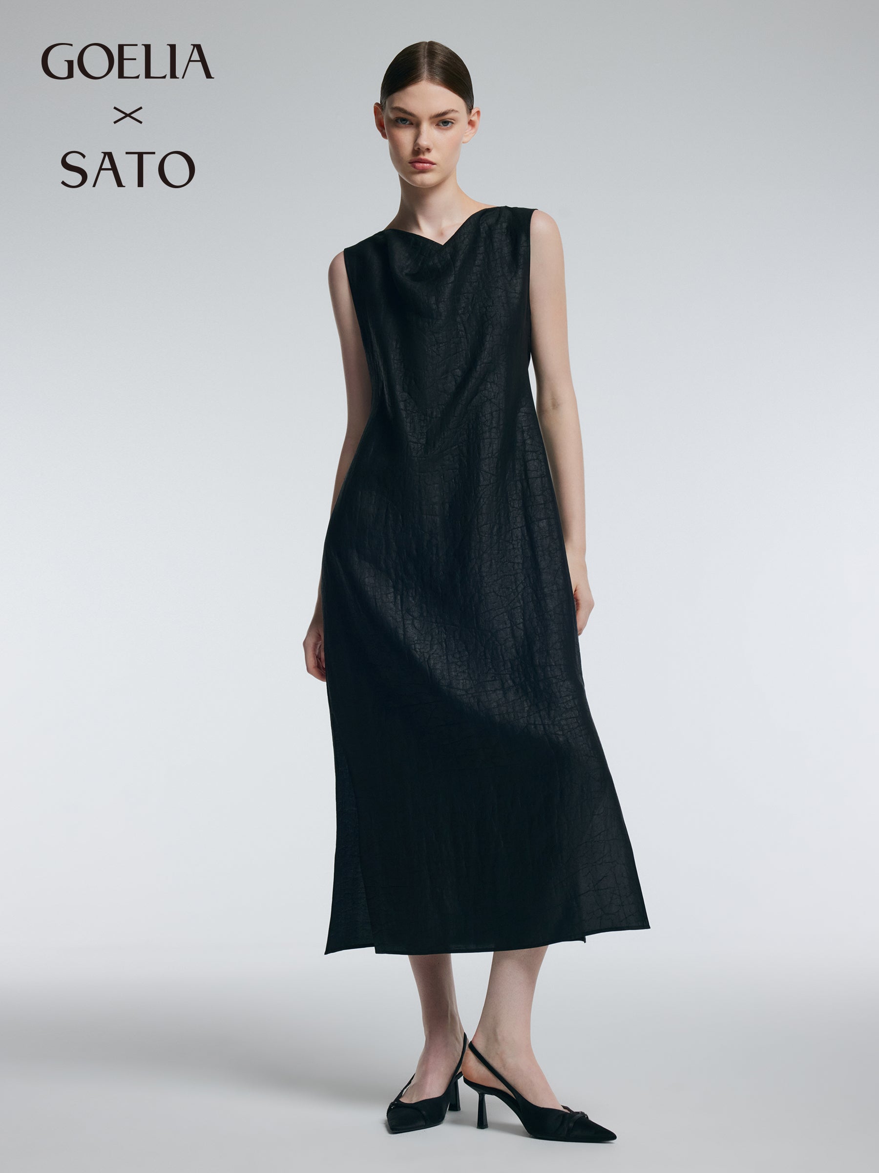 18MM Gambiered Canton Gauze Women Cowl Neck Maxi Dress GOELIA
