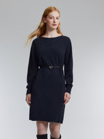 100% Wool Boat Neck Women Knit Mini Dress With Belt GOELIA