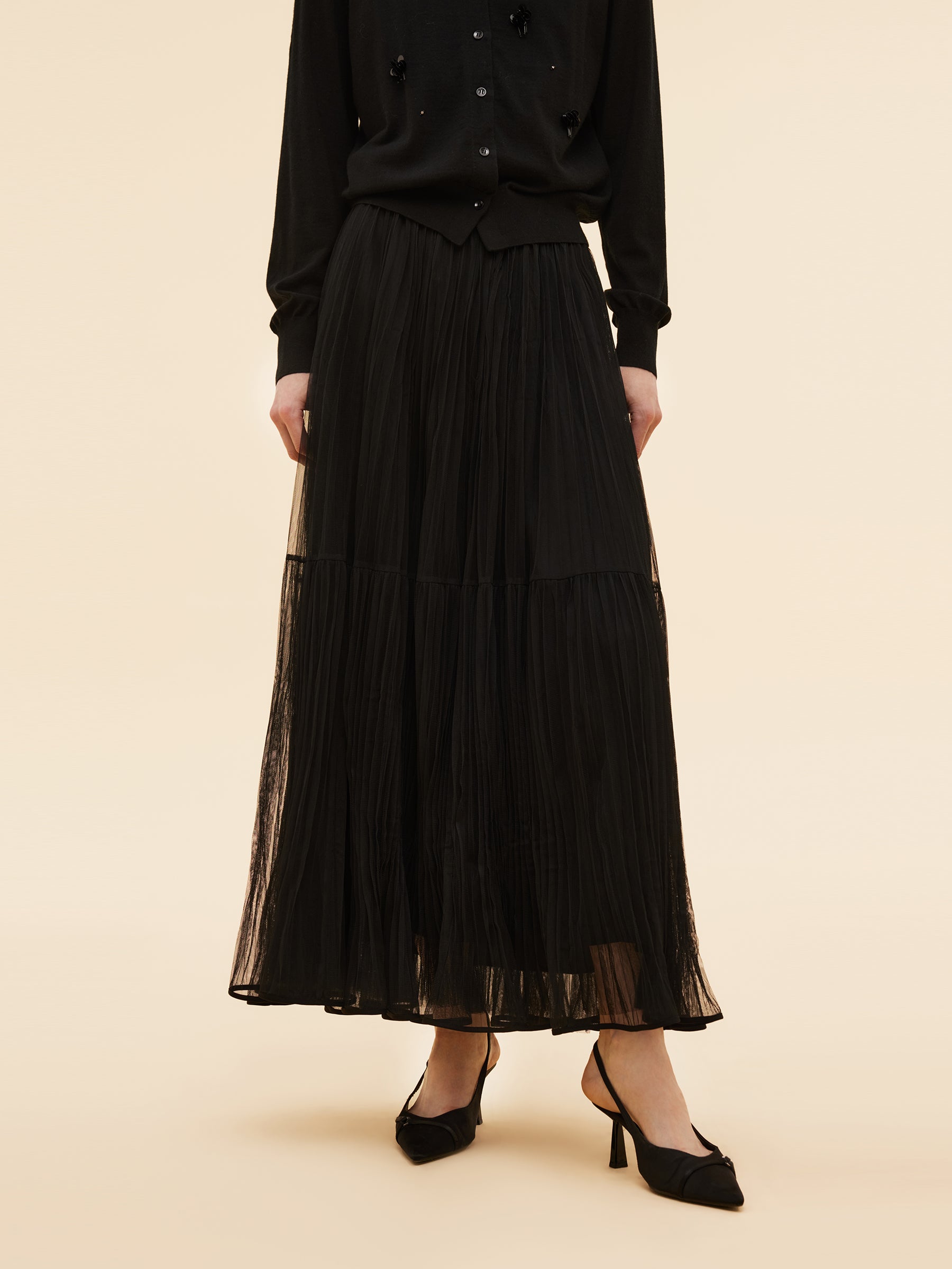 Detachable Pleated Mesh Overlay Skirt And Lining Two-Piece Skirt Set GOELIA