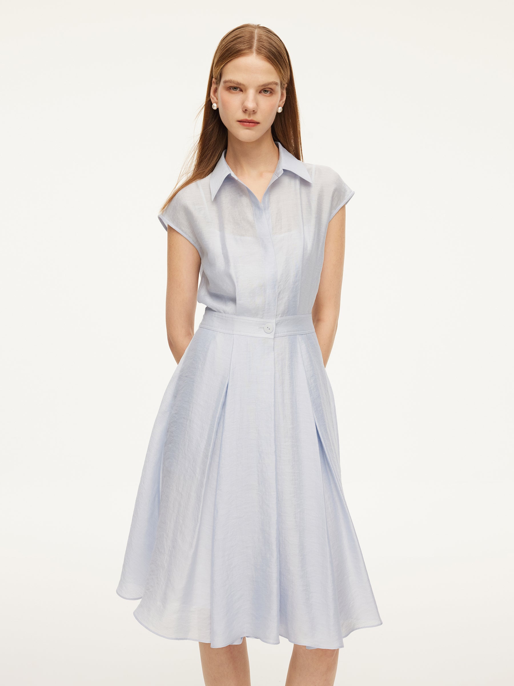 Tencel Acetate Linen Blend Cap Sleeve Women Midi Shirt Dress GOELIA