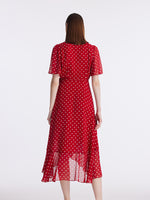10 Momme Mulberry Silk Polka Dots Printed Wrapped Ruffle Women Midi Dress GOELIA
