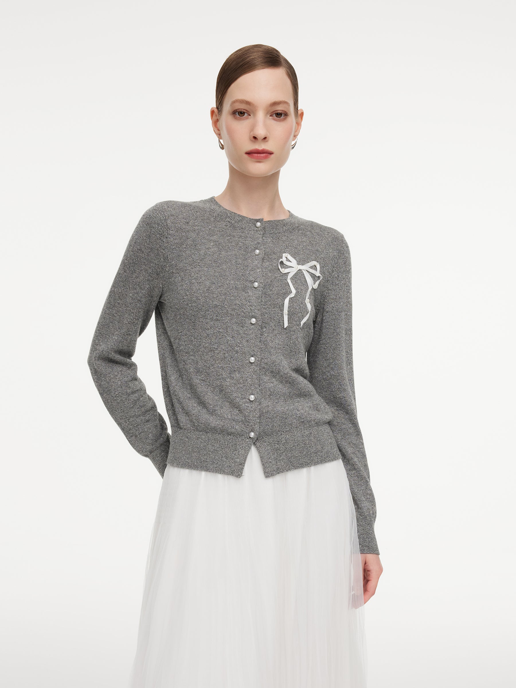 Hand-Sewn Bow Beaded Button Women Cardigan GOELIA