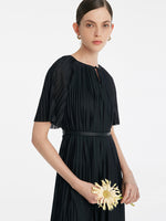 Pleated Round Neck Women Midi Dress With Leather Belt GOELIA