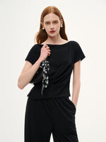 Boat Neck Side Ruched Top And Pants Two-Piece Set With Floral Print Scarf GOELIA