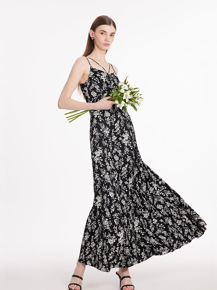 Camellia Printed Spaghetti Strap Women Maxi Dress GOELIA