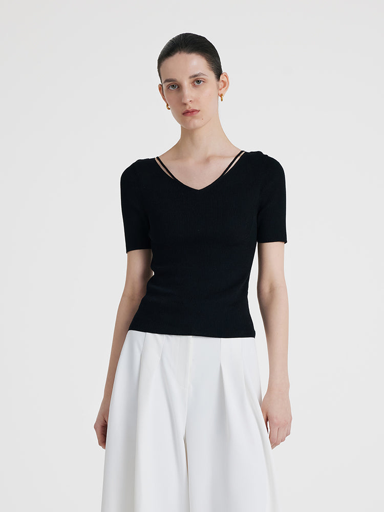Tencel-Silk Blend Cut-out Neck Women Knitted Top GOELIA
