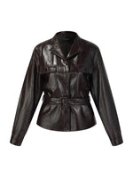 PU Leather Stand Collar Wind-Proof Women Belted Jacket GOELIA