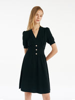 Tencel-Acetate Blend V-Neck Gathered Waist Women Mini Dress GOELIA