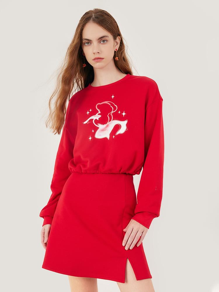 Red Printed Hoodie And Skirt Two-Piece Set GOELIA