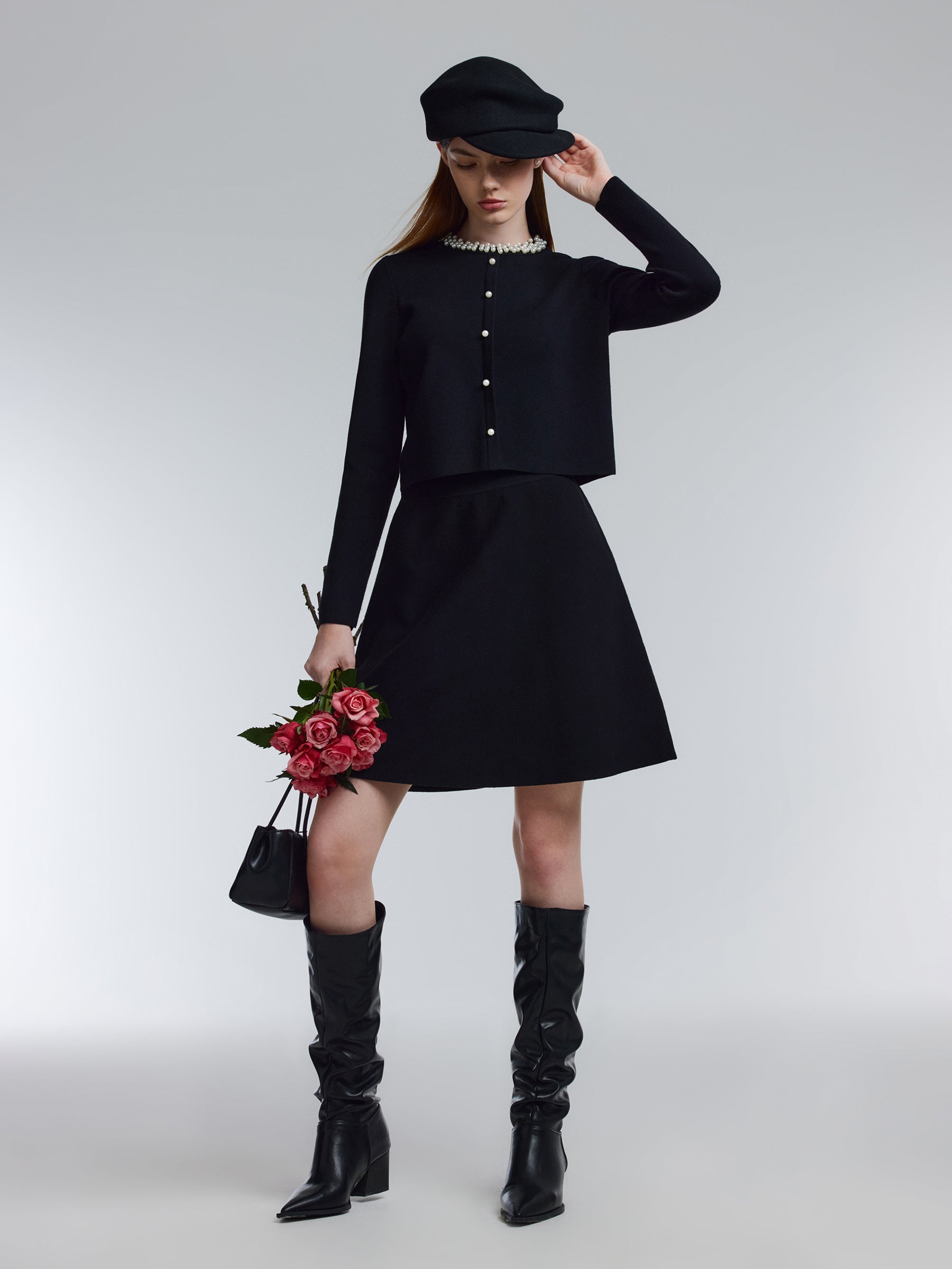 Lyocell Wool Blend Beaded Round Neck Knit Top And Skirt Two-Piece Set GOELIA