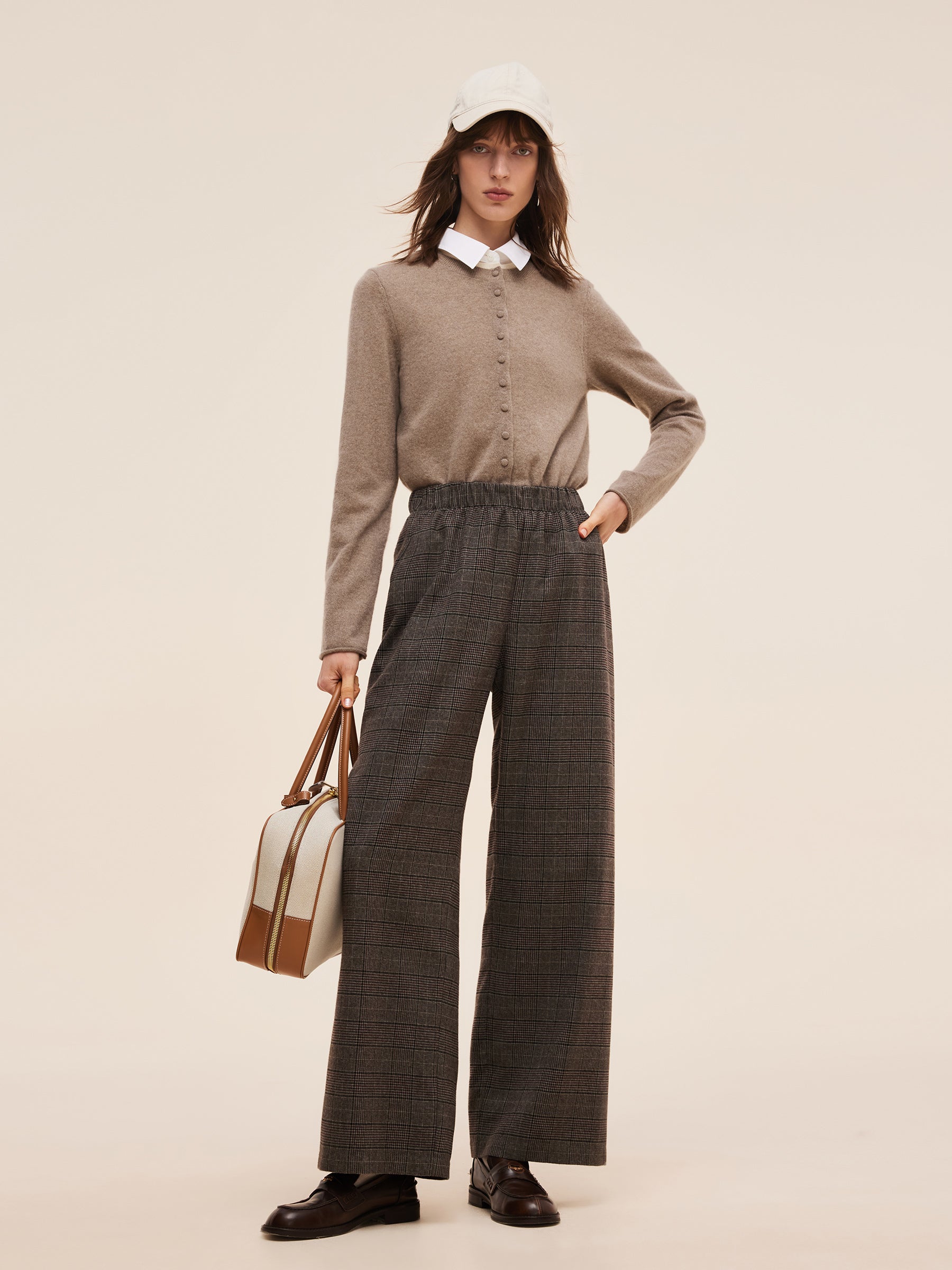 Brown Plaid Women Elastic Waist Pants GOELIA