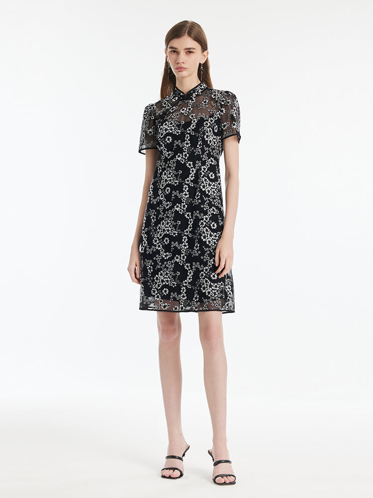 Black Floral Embroidery Cheongsam Women Mini Qipao Dress GOELIA