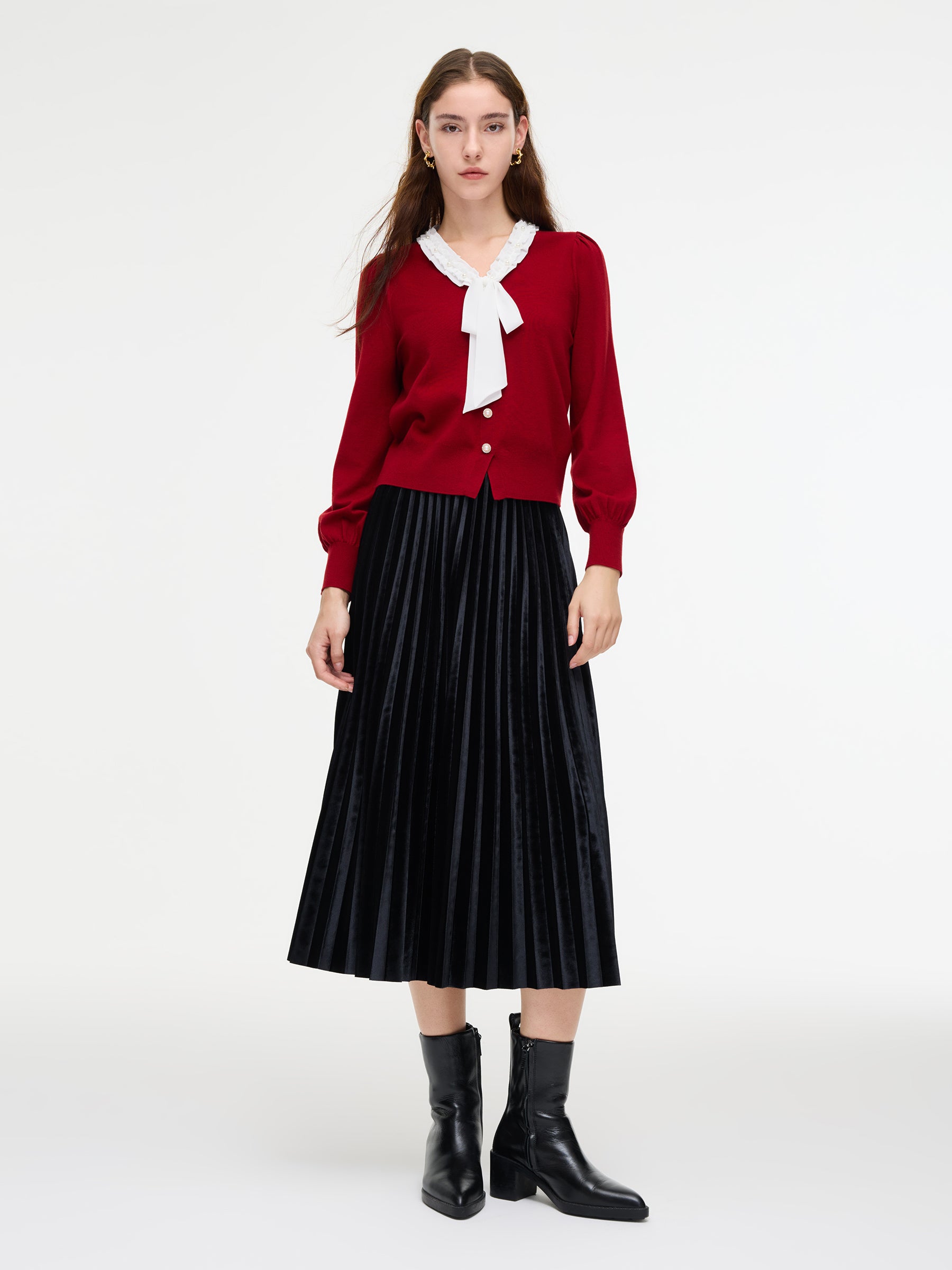 Knit Top And Velvet Pleated Skirt Two-Piece Set With Detachable Ribbon GOELIA