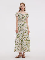 Acetate Blend Floral Print Adjustable Drawstring Neckline Women Maxi Dress GOELIA