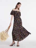 16 Momme Mulberry Silk Rose Printed Off Shoulder Women Maxi Dress GOELIA