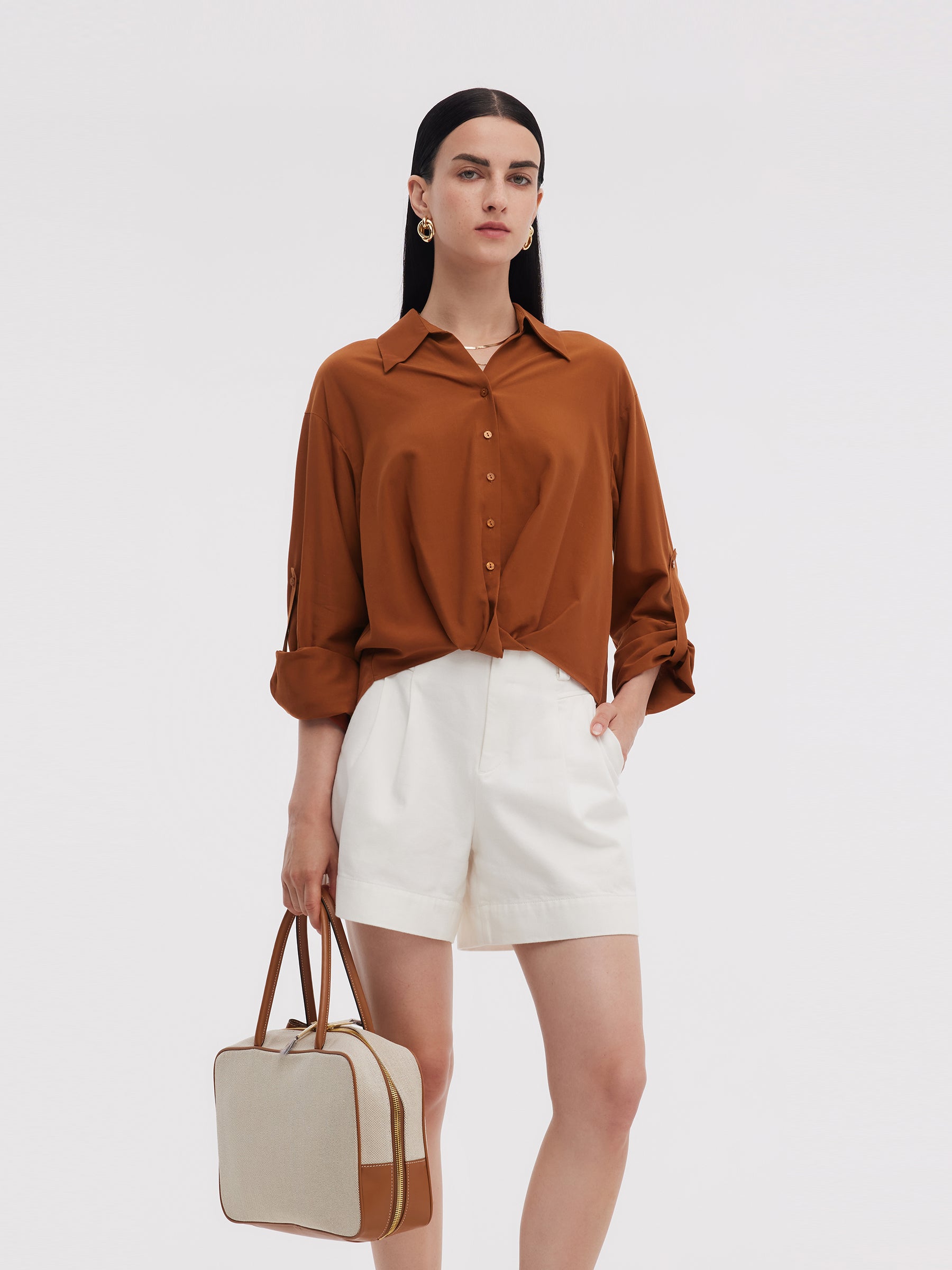 Tencel Acetate Blend Women Adjustable Sleeves Shirt GOELIA