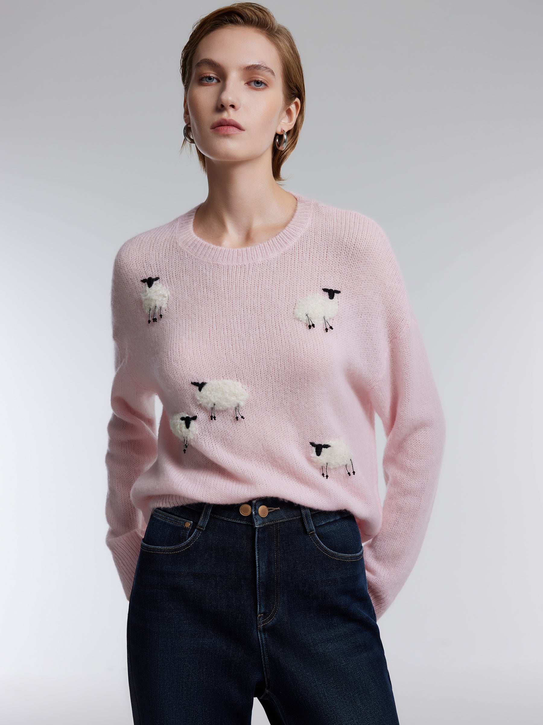 [Preview] Alpaca Wool Blend Sheep Embroidered Women Sweater GOELIA