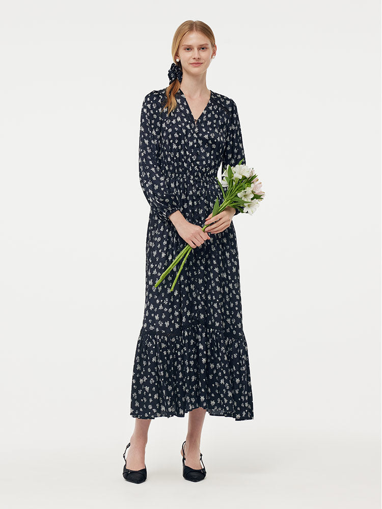 Floral Print Lantern Slit Sleeve Women Maxi Dress With Scrunchie GOELIA