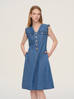 Lyocell Blend Denim V-Neck Women Sleeveless Midi Dress GOELIA