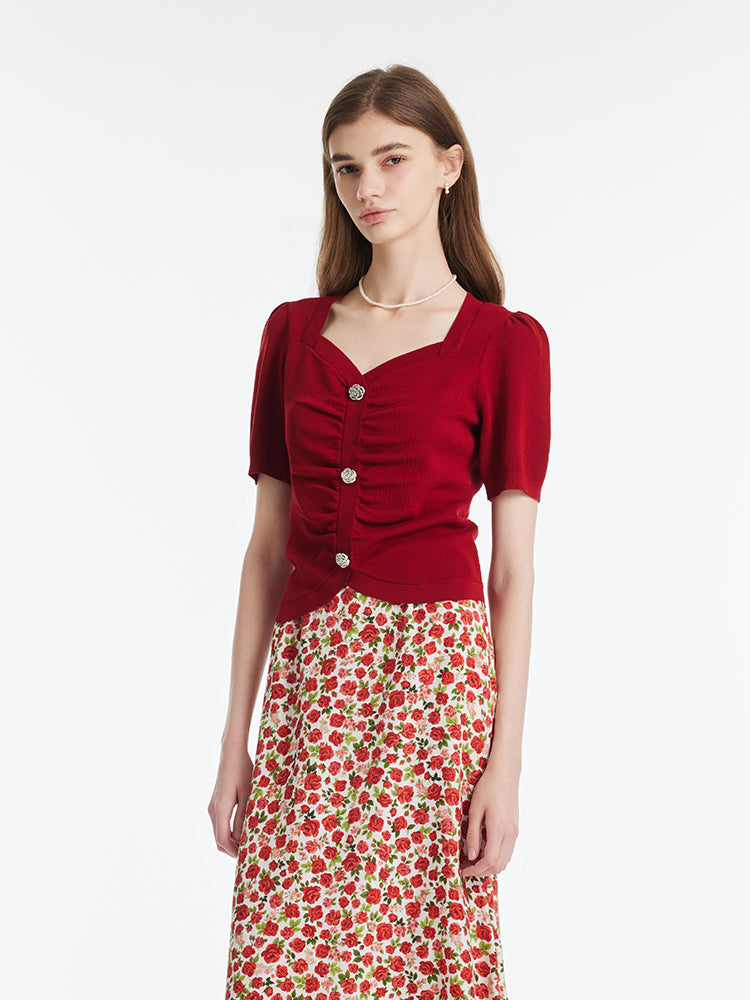 Tencel Blend Women Knit Top With Floral Print Scarf