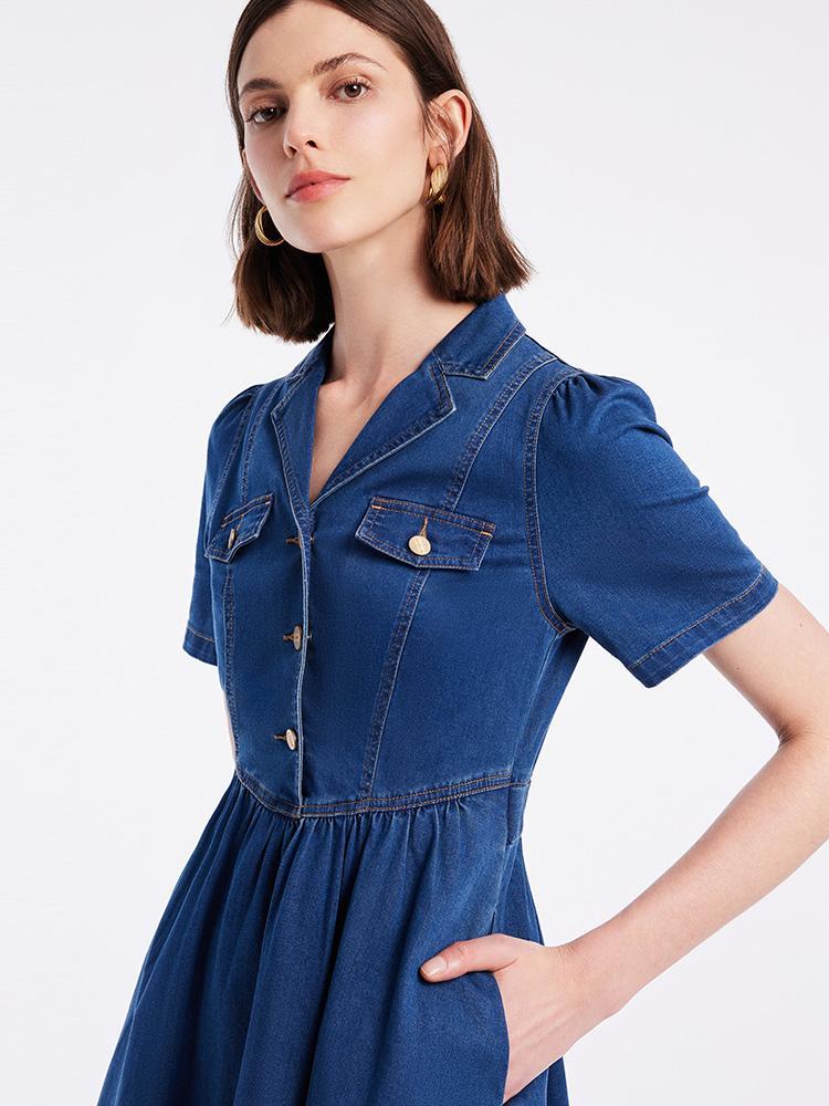 V-neck Gathered Waist Denim Midi Collared Dress GOELIA