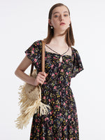 16 Momme Mulberry Silk Rose Printed Off Shoulder Women Maxi Dress GOELIA
