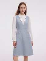 Acetate Blend Ruffle Neck Women Mini Dress With Detachable Bow GOELIA