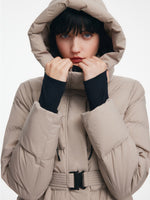 [Preview] Longline Subtle Plaid Belted Goose Down Hooded Overcoat GOELIA
